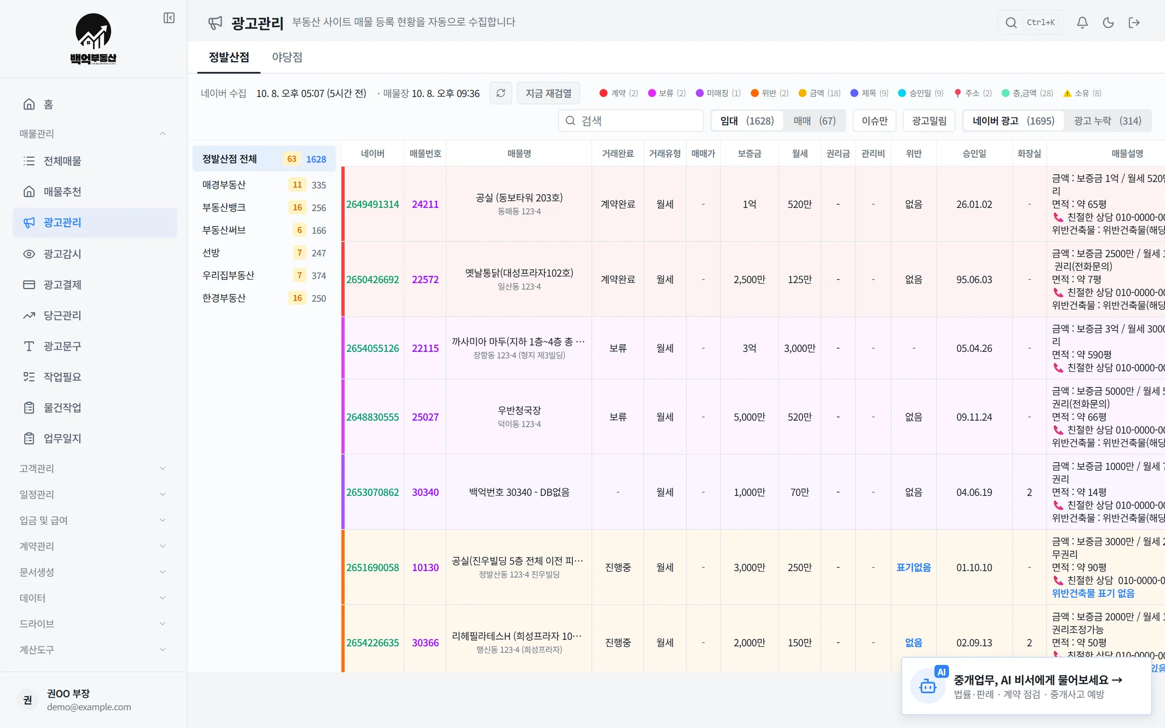광고관리 — 네이버 광고와 매물장 대조 표