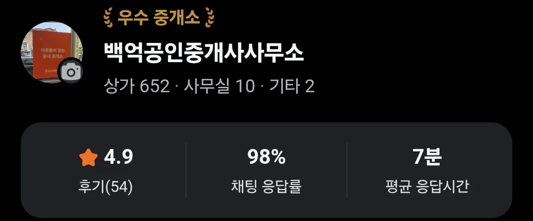 당근 앱 중개소 프로필 — 우수 중개소, 상가 652 · 사무실 10 · 기타 2, 별점 4.9 후기 54개, 채팅 응답률 98%, 평균 응답시간 7분