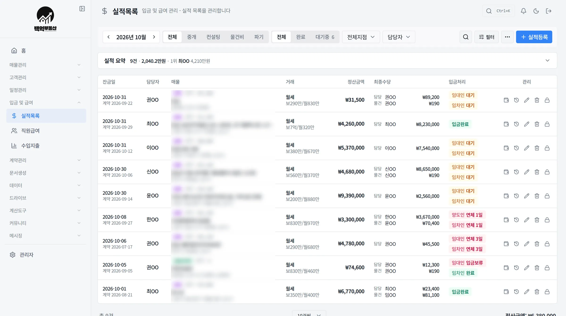 실적목록 — 계약별 정산금액·담당 몫·입금 처리 (금액은 가상 값, 매물·상호는 흐림)